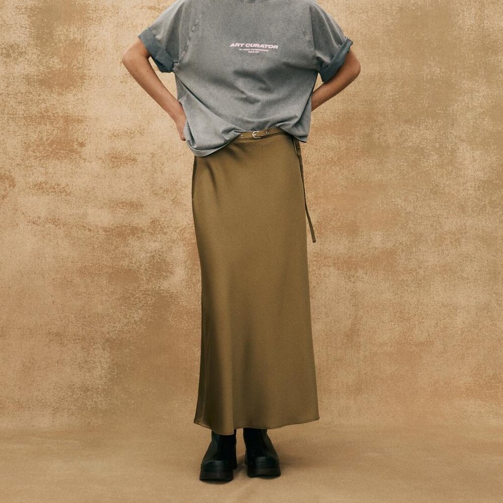 Zara Satin Midi Skirt with Belt – Olive Green, Recycled Polyester Mid-Rise Small